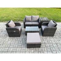 Fimous 6 PC Outdoor PE Rattan Garden Furniture Set Wicker Love Sofa Coffee Table 2 Armchair Big Footstool Side Table in Dark Grey