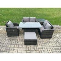 Fimous Wicker PE Rattan Furniture Garden Dining Set With Reclining Chair Side Tables Big Footstool in Dark Grey