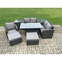Fimous Wicker PE Rattan Furniture Garden Dining Set Outdoor Height Adjustable Rising lifting Table Love Sofa With Reclining Chair in Dark Grey