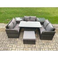 Fimous Rattan Garden Outdoor Furniture 3 PC Love Sofa Set Patio Adjustable Rising lifting Dining Table With 2 Side Tables Big Footstool in Dark Grey