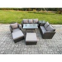 Fimous 7 PCS Outdoor Lounge Sofa Set Wicker PE Rattan Garden Furniture Set with Rectangular Dining Table Armchair 2 Big Footstool Side Table