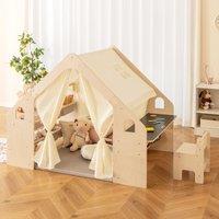 Costway 6-in-1 Playhouse Wooden Indoor Play Tent w/ Blackboard& Desk Table in Beige