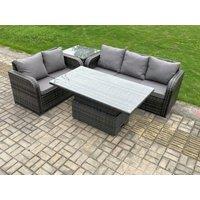 Fimous Outdoor Rattan Garden Furniture Sets Height Adjustable Rising lifting Dining Table Lounge Sofa Set With Side Table in Dark Grey