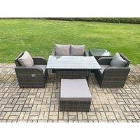 Fimous Outdoor Rattan Garden Furniture Lounge Sofa Set With Oblong Dining Table 2 PC Reclining Chair Side Table in Dark Grey
