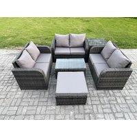Fimous Outdoor Garden Furniture Sets 7 Seater Wicker Rattan Furniture Sofa Sets with Rectangular Coffee Table Love Sofa Big Footstool Side Table