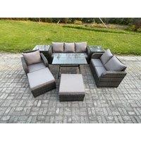 Fimous 8 PCS Outdoor Lounge Sofa Set Wicker PE Rattan Garden Furniture Set with Rectangular Dining Table Armchair 2 Big Footstool 2 Side Tables