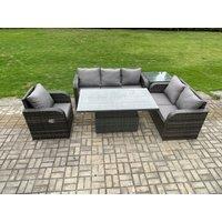 Fimous Outdoor Rattan Furniture Garden Dining Set Patio Height Adjustable Rising lifting Table Reclining Chair Sofa With Side Table Dark Grey Mixed