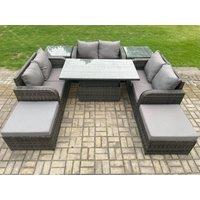 Fimous Rattan Garden Outdoor Furniture 3 PC Love Sofa Set Patio Adjustable Rising lifting Dining Table With 2 Side Tables 2 Big Footstool in Dark Grey