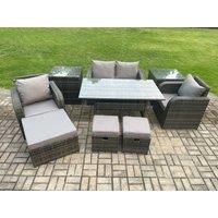 Fimous Rattan Outdoor Garden Furniture Set Rectangular Dining Table & Chair Sofa Set With 2 Side Tables 3 Footstool in Dark Grey