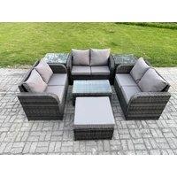 Fimous Outdoor Garden Furniture Sets 7 Seater Wicker Rattan Furniture Sofa Sets with Rectangular Coffee Table Love Sofa 2 Side Tables Big Footstool