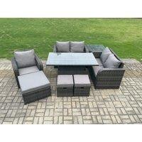 Fimous 8 Seater Rattan Furniture Garden Dining Set Outdoor Height Adjustable Rising lifting Table Love Sofa Chair With Side Table in Dark Grey