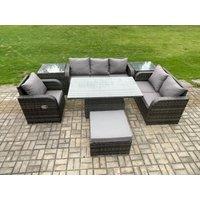 Fimous Outdoor Rattan Furniture Garden Dining Set Patio Height Adjustable Rising lifting Table Reclining Chair Sofa With 2 Side Tables in Dark Grey