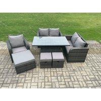 Fimous Rattan Furniture Garden Dining Set Outdoor Height Adjustable Rising lifting Table Love Sofa Chair With 3 Footstools in Dark Grey