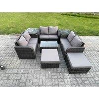 Fimous Wicker PE Rattan Garden Furniture Set 8 Seater Outdoor Lounge Sofa Set with Love Sofa Coffee Table 2 Side Tables 2 Big Footstool in Dark Grey
