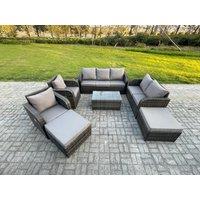 Fimous Wicker PE Rattan Garden Furniture Set 9 Seater Outdoor Lounge Sofa Set with Love Sofa Coffee Table 2 Big Footstool Dark Grey Mixed