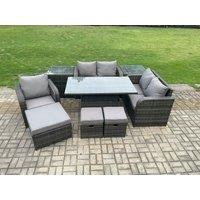 Fimous 8 Seater Rattan Furniture Garden Dining Set Outdoor Height Adjustable Rising lifting Table Love Sofa Chair With Side Table in Dark Grey