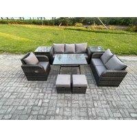 Fimous 8 PCS Outdoor Lounge Sofa Set Wicker PE Rattan Garden Furniture Set with Rectangular Dining Table Armchair 2 Small Footstools in Dark Grey