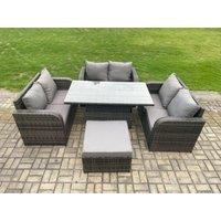Fimous Rattan Garden Outdoor Furniture 3 PC Love Sofa Set Patio Adjustable Rising lifting Dining Table With Big Footstool in Dark Grey