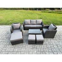 Fimous 8 Seater Rattan Garden Furniture Set Patio Outdoor Lounge Sofa Set with Rectangular Coffee Table 3 Footstools in Dark Grey