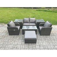 Fimous Rattan Lounge Sofa Set 7 PCS Outdoor Garden Furniture Set with Rectangular Coffee Table Love Sofa 2 Side Tables in Dark Grey