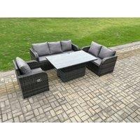 Fimous Outdoor Rattan Furniture Garden Dining Set Patio Height Adjustable Rising lifting Table with 3 Seater Sofa Reclining Chair Love Sofa
