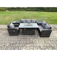 Fimous Garden Patio Furniture Wicker Rattan Gas Fire Pit Table & Sofa Chair set with 2 Side Tables in Dark Grey
