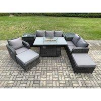 Fimous Garden Patio Furniture Wicker Rattan Gas Fire Pit Table & Sofa Chair set with 2 Side Tables 2 Big Footstool in Dark Grey