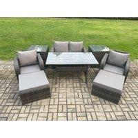 Fimous Rattan Outdoor Garden Furniture Set Rectangular Dining Table & Chair Sofa Set With 2 Side Tables in Dark Grey