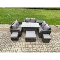 Fimous Rattan Garden Outdoor Furniture 3 PC Love Sofa Set Adjustable Rising lifting Dining Table With Side Table 3 Footstools in Dark Grey
