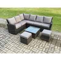 Fimous 8 Seater Outdoor Furniture Garden Dining Set Rattan Corner Sofa Set with Square Coffee Table 2 Small Footstools Dark Grey Mixed