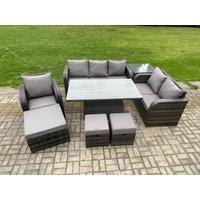 Fimous Rattan Outdoor Furniture Garden Dining Set Patio Height Adjustable Rising lifting Table Reclining Chair Sofa With Side Table 3 Footstools