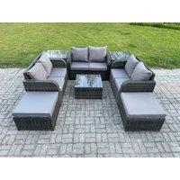Fimous 8 Seater Outdoor Garden Furniture Sets Wicker Rattan Furniture Sofa Sets with Square Coffee Table Love seat Sofa 2 Big Footstool in Dark Grey