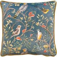 Wylder Tropics Orient Chinoiserie Birds Printed Piped Velvet Cushion in Dark Blue | Size: 43 cm x 43 cm