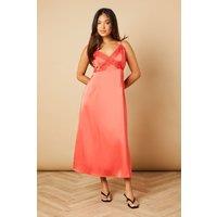 Oasis Women's Petite Strappy Satin Lace Insert Midi Dress in Hot Pink | Size: 10