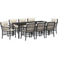 9 Piece Garden Dining Set with Cushions Black Poly Rattan