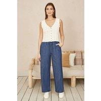 Yumi Women's Blue Chambray Relaxed Fit Wide Leg Trousers | Size: 8