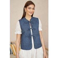 Yumi Women's Blue Chambray Cotton Quilted Reversible Vest | Size: 12