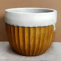 Primrose Ribbed Textured Glazed Round Patio Planter in Two Tone Yellow 45cm in Brown