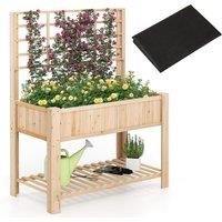 Gymax Wooden Elevated Planter Box With Trellis Raised Garden Bed & Shelf in Light Khaki