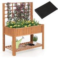 Gymax Wooden Elevated Planter Box With Trellis Raised Garden Bed & Shelf in Brown