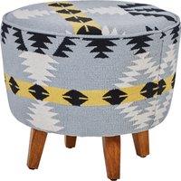 Orsina Round Footstool With Geometric Pattern, Mango Wood Legs Pouffe For Living Room, Multicoloured Fabric Ottoman