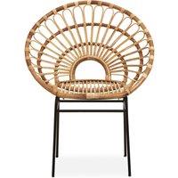 Orsina Rattan Round Petal Chair with Black Metal Legs, Rattan Dining Chair in Natural