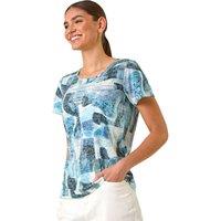 Roman Women's Abstract Leaf Print Diamante Tee in Blue | Size: 20