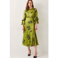 Monsoon Women's Pelia Satin Ruffle Midi Dress Green in Light Green | Size: 8