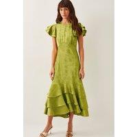Monsoon Women's Ester Satin Ruffle Midi Dress Red in Green | Size: 18