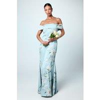 Printed Bardot Satin Bridesmaid Dress