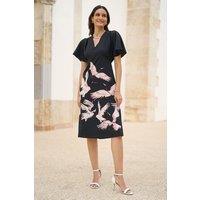 Yumi Women's Black Fabric Crane Print Kimono Midi Dress | Size: 8