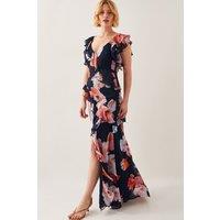 Monsoon Women's Carrie Floral Ruffle Chiffon Maxi Dress Black | Size: 10