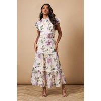 Oasis Women's Floral Printed Chiffon Lace Insert Dress in Green | Size: 10