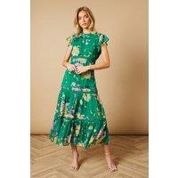 Oasis Women's Floral Printed Chiffon Lace Insert Dress in Green | Size: 8